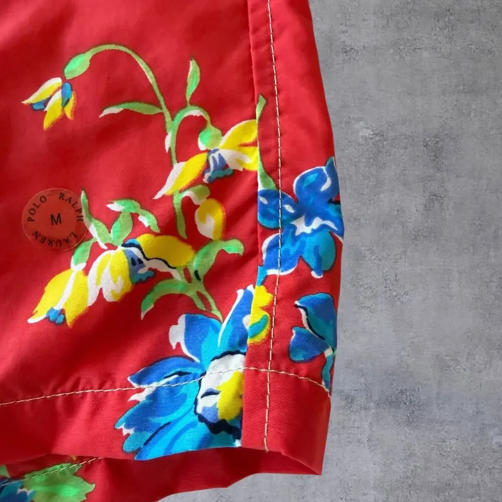 Vintage 90s Polo Ralph Lauren Swim Trunks Shorts Mens Medium M Red Floral Hawaii